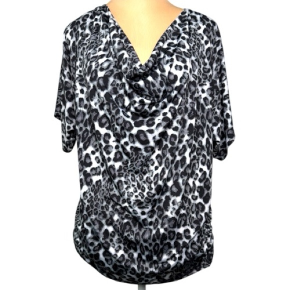 C’Est La Vie Leopard Print Cowl Neck Short Sleeve Top Blouse Size L